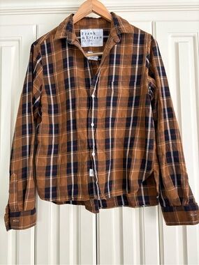 Frank & Eileen Silvio Rust and Navy Plaid Button-Down Shirt 100% Cotton Small